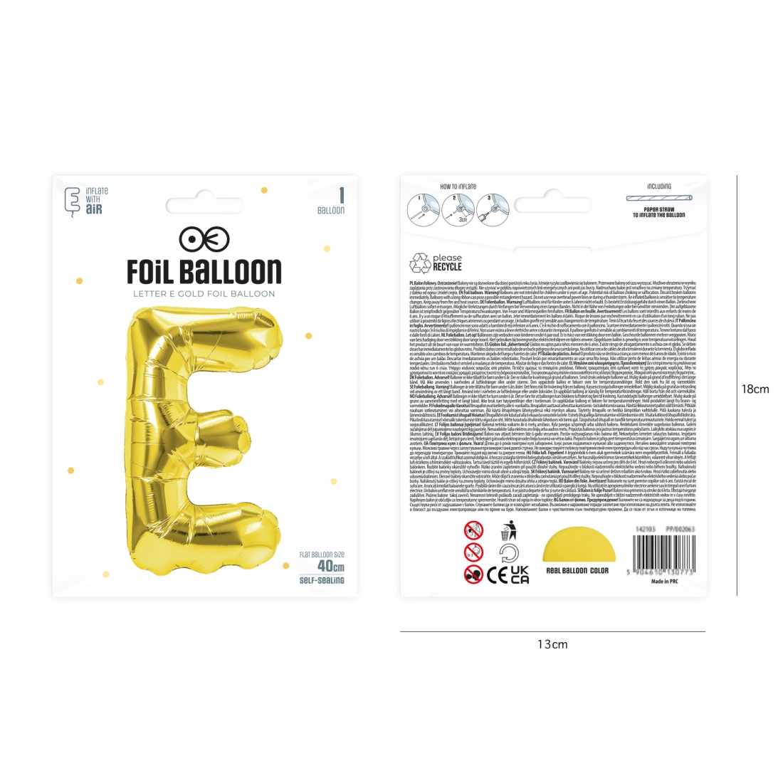 Arany fóliás lufi, E betű, 40 cm