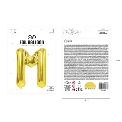 Zlatý fóliový balón písmeno M 40 cm