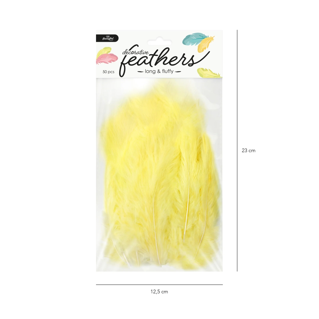 Sárga dekoratív konfetti tollak 50 db (10–15 cm)