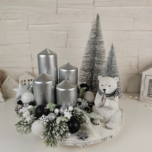 Adventní věnec 25 cm - stříbrný s keramickým medvídkem
