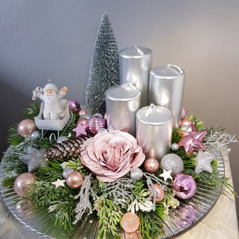 Adventní věnec na podnosu - stříbrno růžový, 31 cm