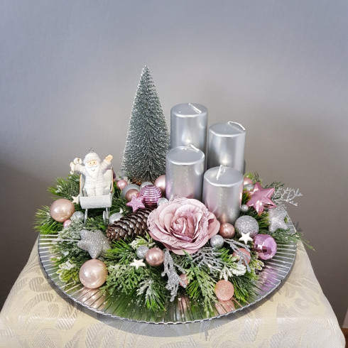 Adventní věnec na podnosu - stříbrno růžový, 31 cm