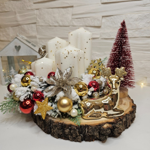 Adventný veniec s keramický sobom - červeno zlatý, 26cm