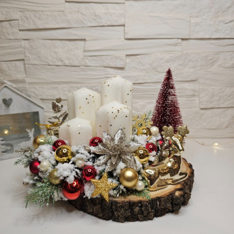 Adventný veniec s keramický sobom - červeno zlatý, 26cm