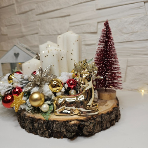 Adventný veniec s keramický sobom - červeno zlatý, 26cm