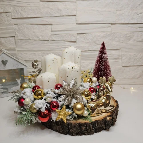 Adventní věnec s keramickým sobem - červenozlatý, 26 cm