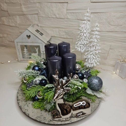 Adventní věnec s keramickým sobem - stříbrný 25 cm