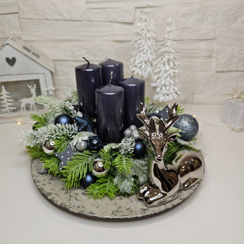 Adventný veniec s keramickým sobom - strieborný 25 cm