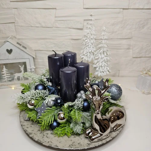 Adventní věnec s keramickým sobem - stříbrný 25 cm