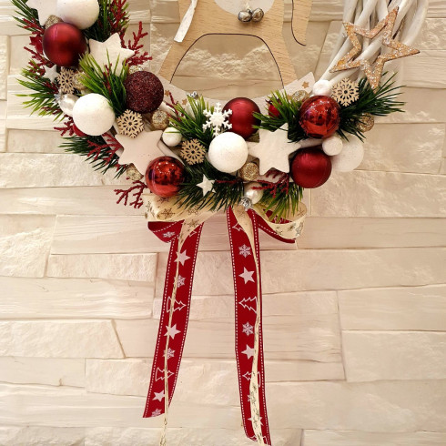 Adventní věnec na dveře s koníkem, červený 28 cm