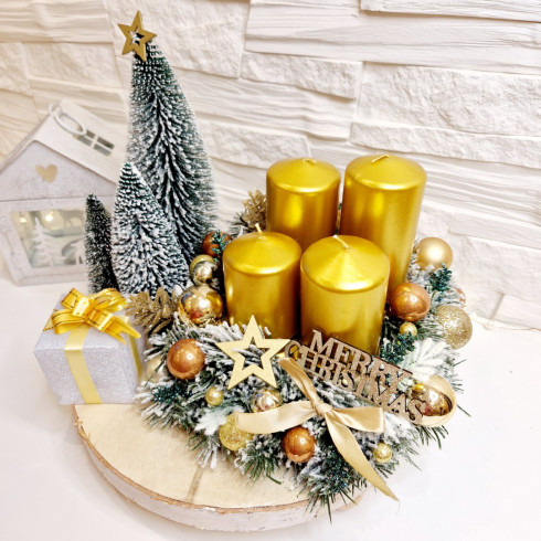 Adventný veniec s LED darčekom - zlatý 25 cm