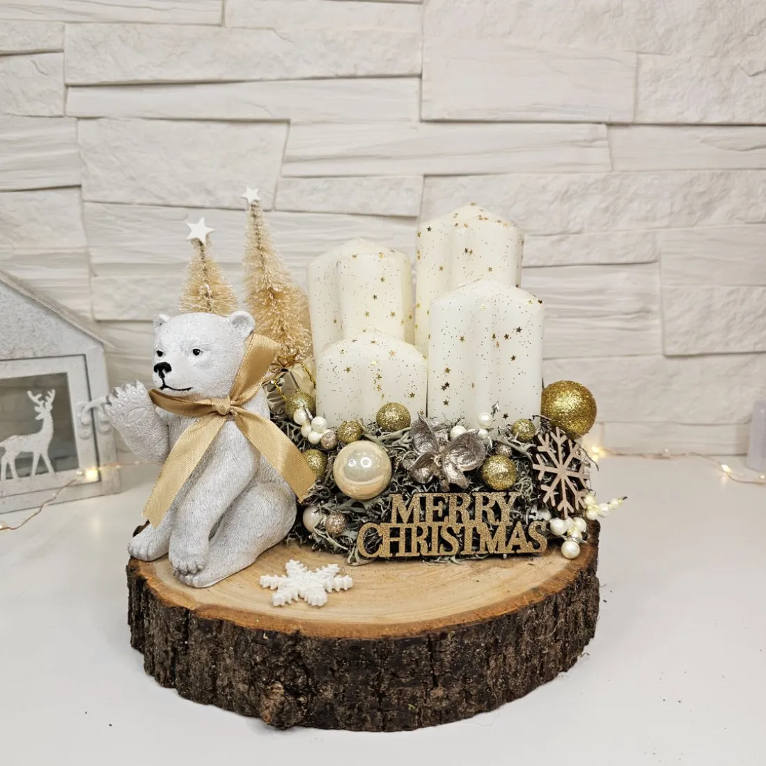 Adventný veniec s medvedíkom - zlatý