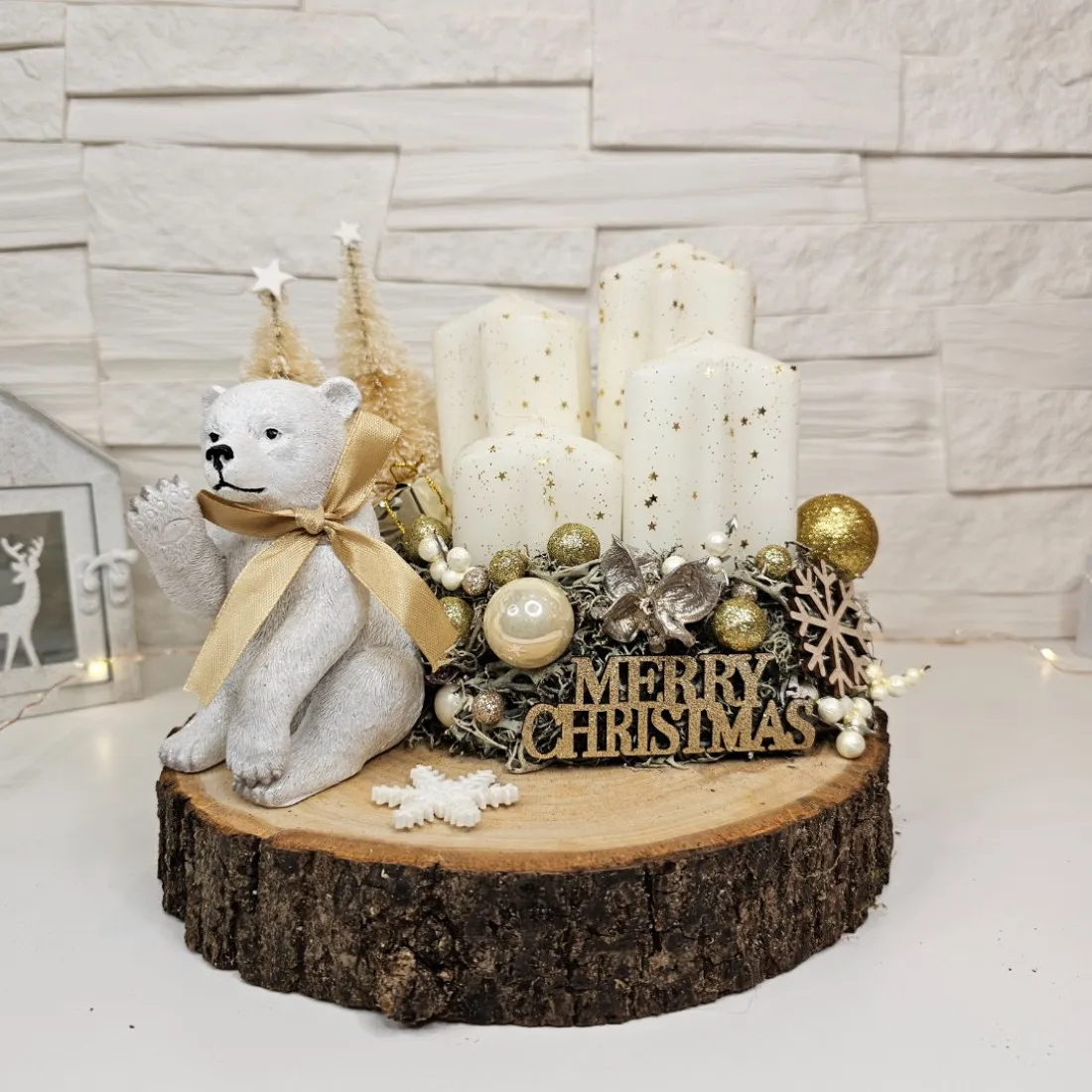 Adventný veniec s medvedíkom - zlatý