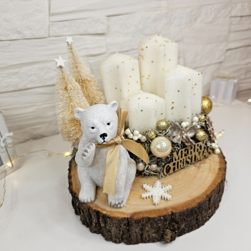 Adventný veniec s medvedíkom - zlatý