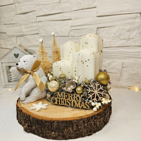 Adventný veniec s medvedíkom - zlatý