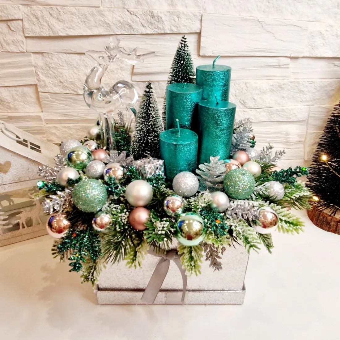 Adventní věnec v boxu - stříbrný