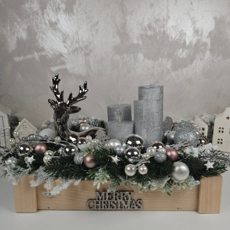 Adventný veniec v drevenej debničke s LED osvetlením - strieborný 30 cm