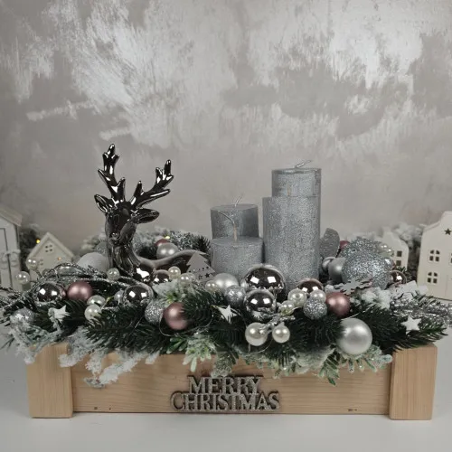 Adventní věnec v dřevěné bedničce s LED osvětlením - stříbrný 30 cm