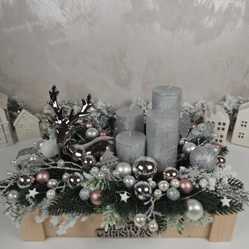 Adventní věnec v dřevěné bedničce s LED osvětlením - stříbrný 30 cm