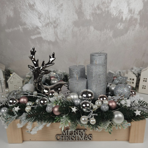 Adventní věnec v dřevěné bedničce s LED osvětlením - stříbrný 30 cm