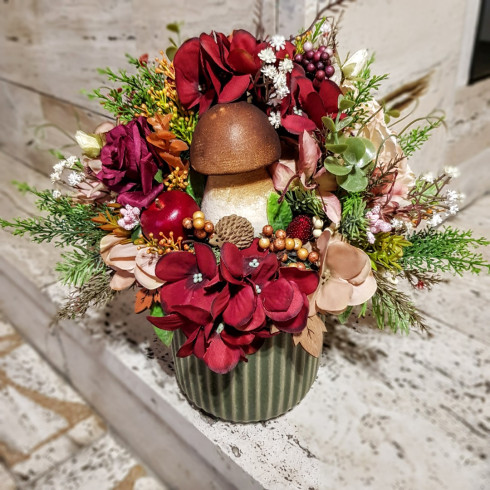 Jesenný aranžmán s hríbikom v keramickom kvetináči 