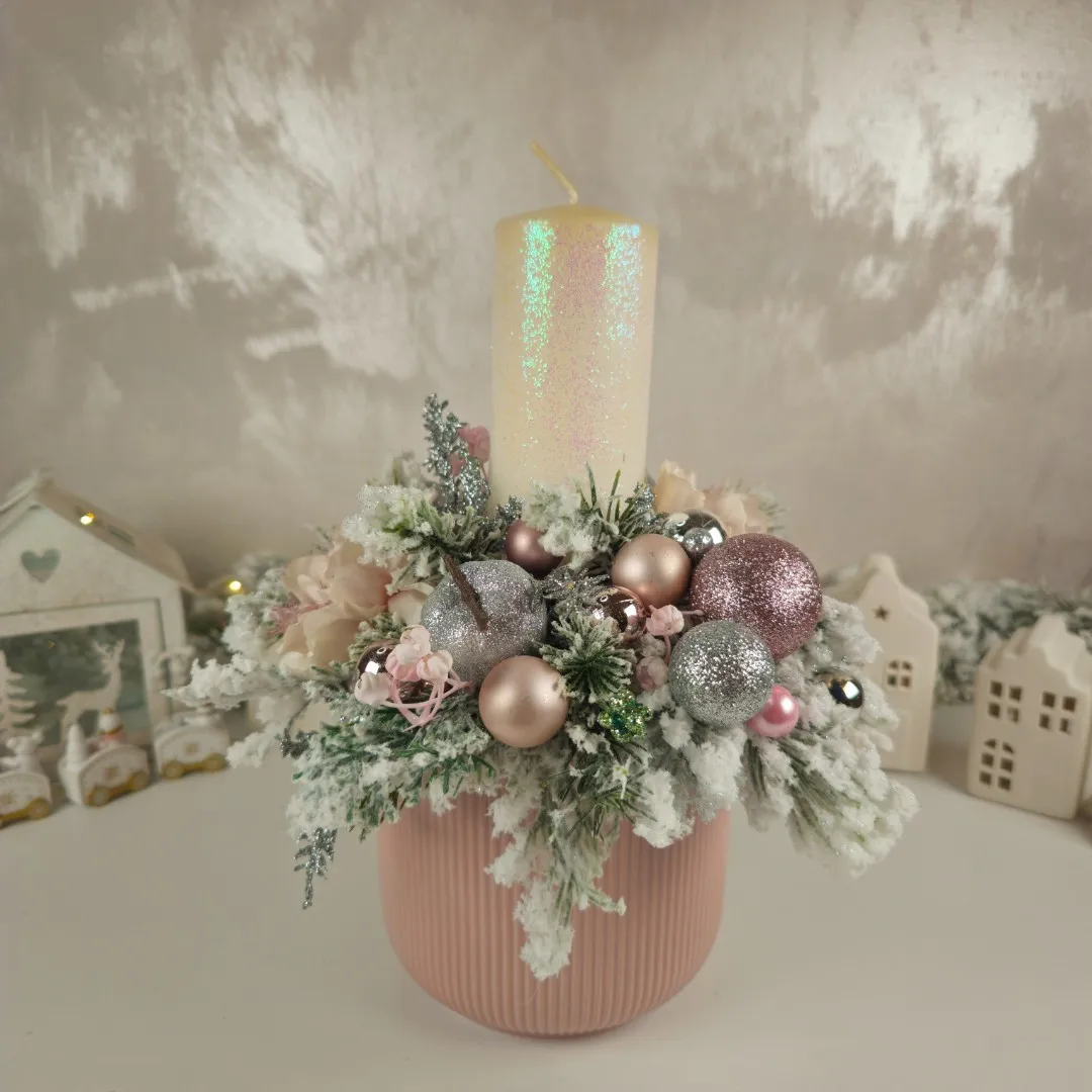 Vianočný svietnik so sviečkou - jemná ružová