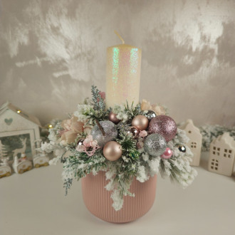 Vianočný svietnik so sviečkou - jemná ružová