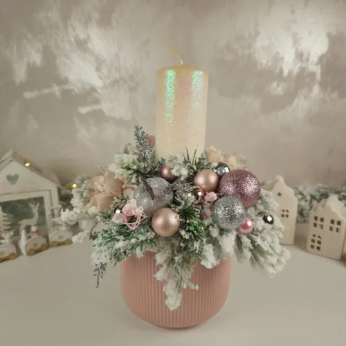 Vianočný svietnik so sviečkou - jemná ružová