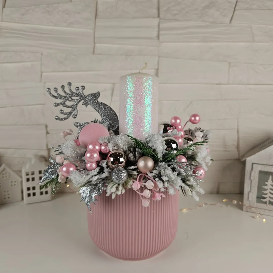 Vianočný svietnik so sviečkou - jemná ružová