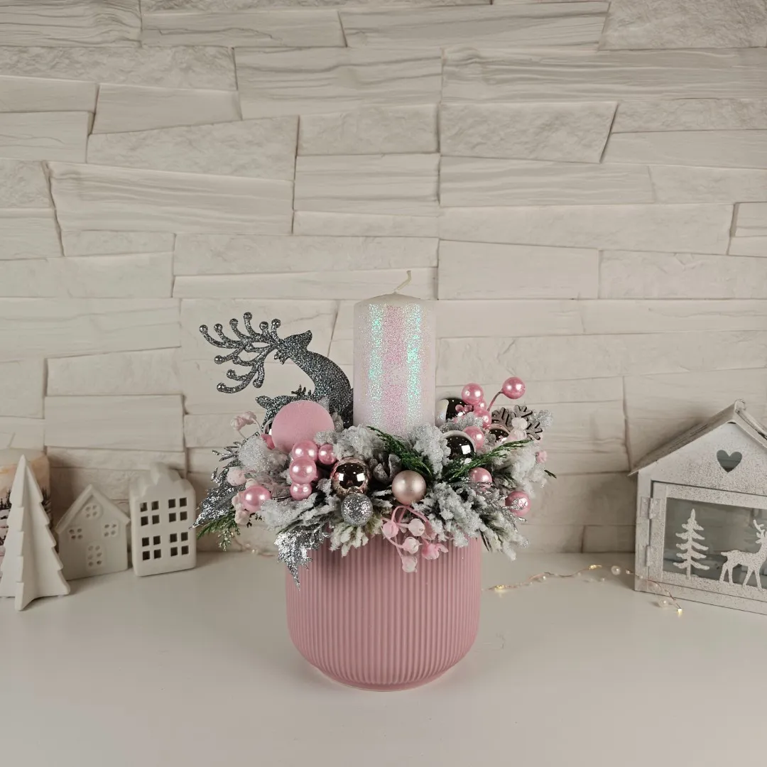 Vianočný svietnik so sviečkou - jemná ružová
