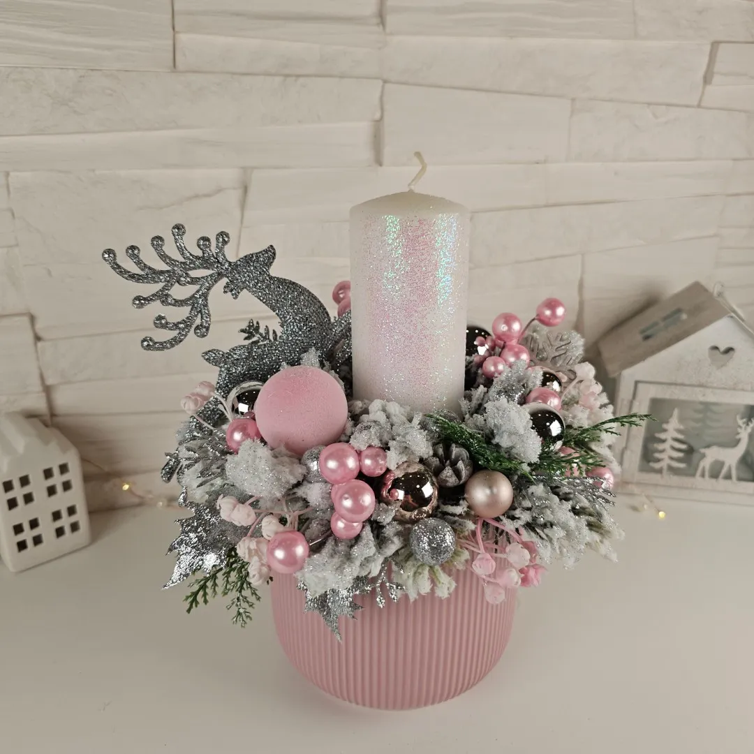 Vianočný svietnik so sviečkou - jemná ružová