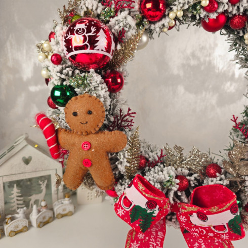 Vianočný veniec na dvere 40 cm - červený s perníkom