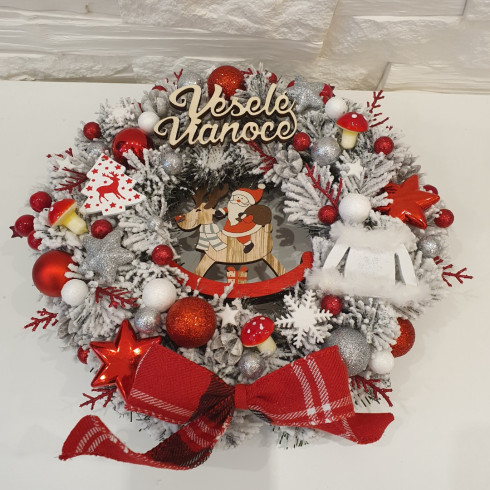 Vianočný veniec na dvere - červeno strieborný 28 cm