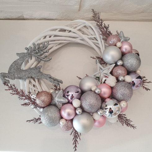 Vianočný veniec na dvere - ružovo strieborný