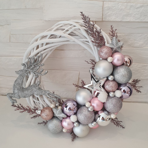 Vianočný veniec na dvere - ružovo strieborný
