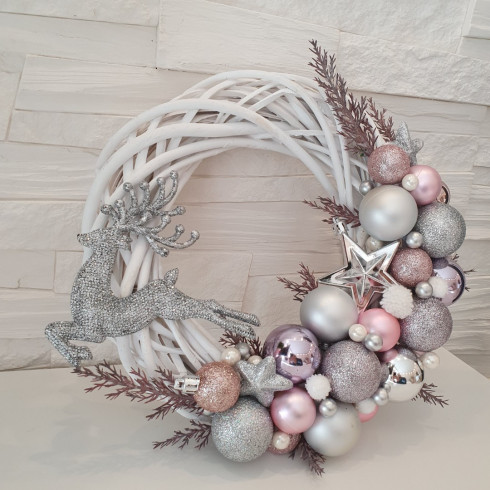 Vianočný veniec na dvere - ružovo strieborný