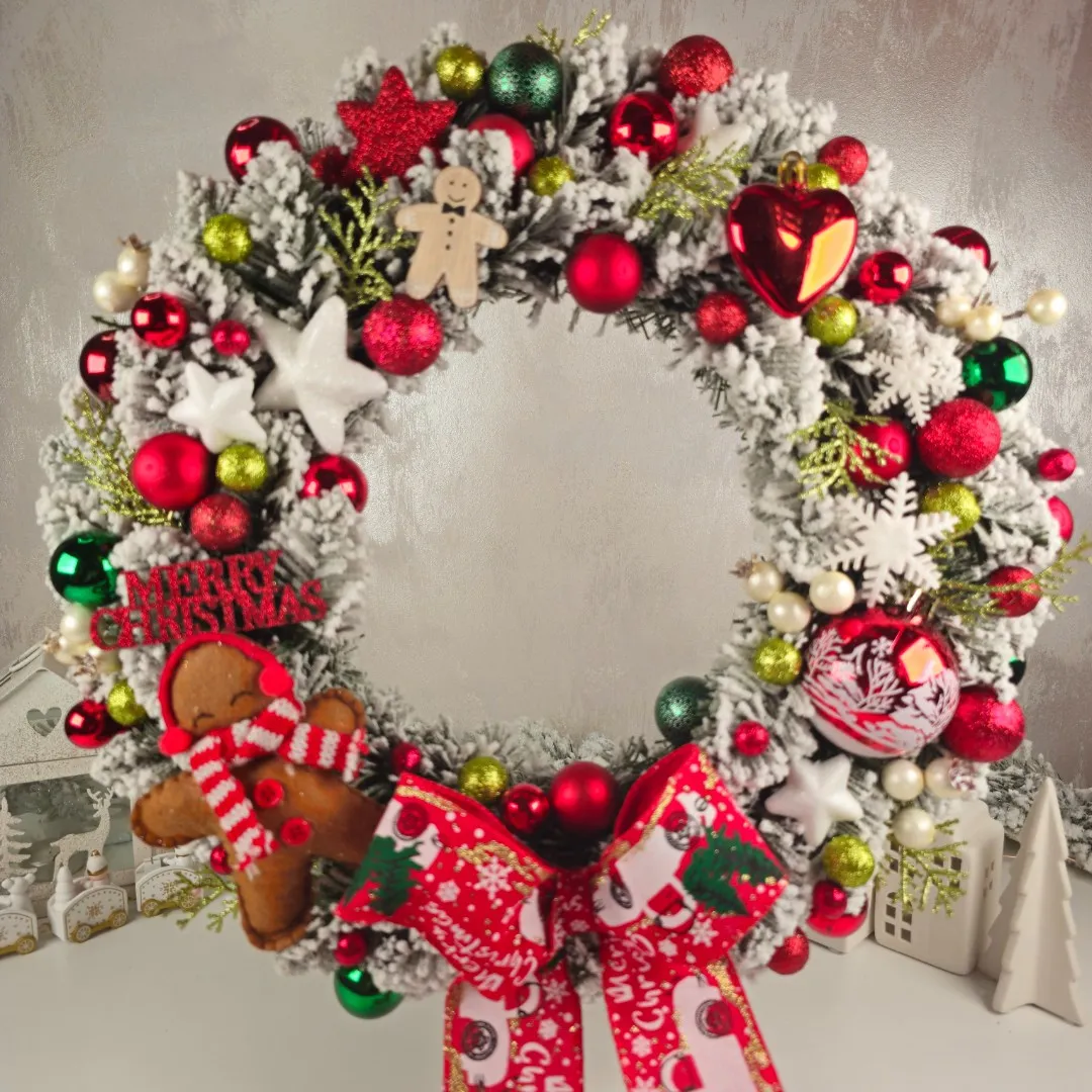 Vianočný veniec na dvere s perníkom 40 cm - červený 