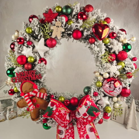 Vianočný veniec na dvere s perníkom 40 cm - červený 