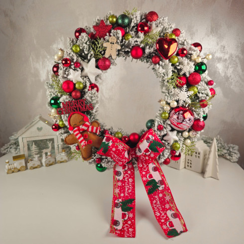 Vianočný veniec na dvere s perníkom 40 cm - červený 