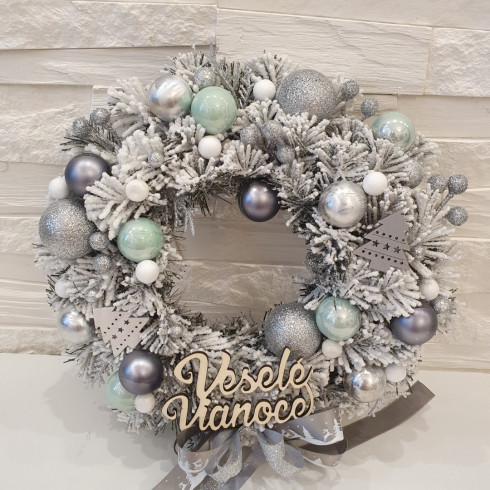 Vánoční věnec na dveře - šedo tyrkysový 28 cm
