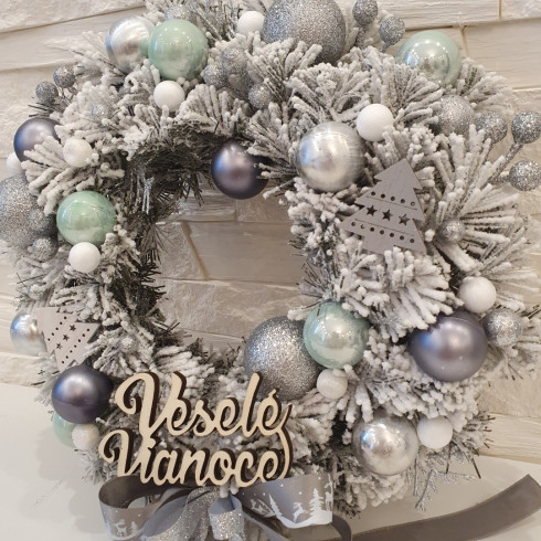 Vánoční věnec na dveře - šedo tyrkysový 28 cm