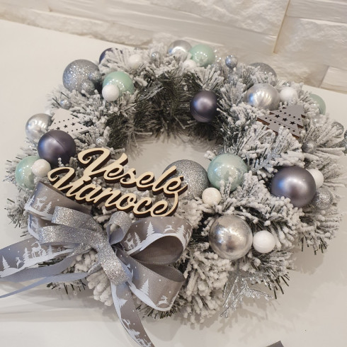 Vánoční věnec na dveře - šedo tyrkysový 28 cm