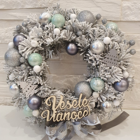 Vánoční věnec na dveře - šedo tyrkysový 28 cm