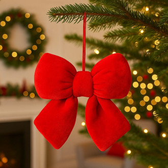 Červená sametová vánoční mašle, 14 × 5 cm