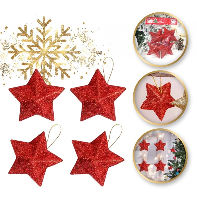 Červené vianočné ozdoby v tvare hviezdy, 4 ks