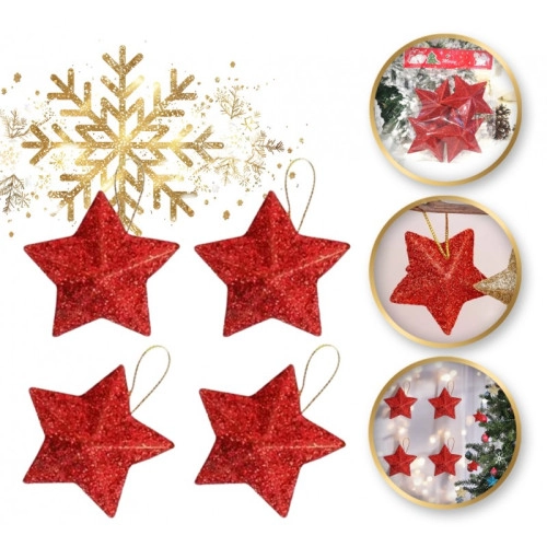 Červené vianočné ozdoby v tvare hviezdy, 4 ks