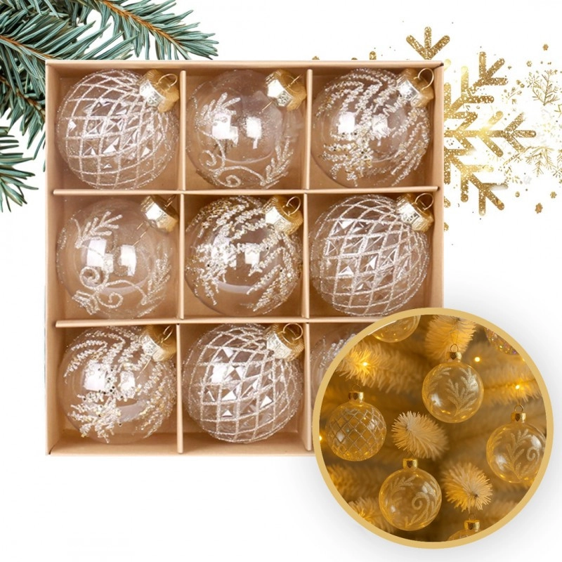 Číre vianočné gule s bielym ozdobením 9 ks, priemer 8 cm