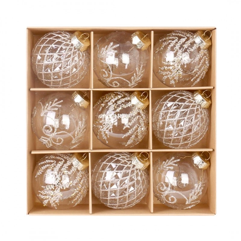 Číre vianočné gule s bielym ozdobením 9 ks, priemer 8 cm