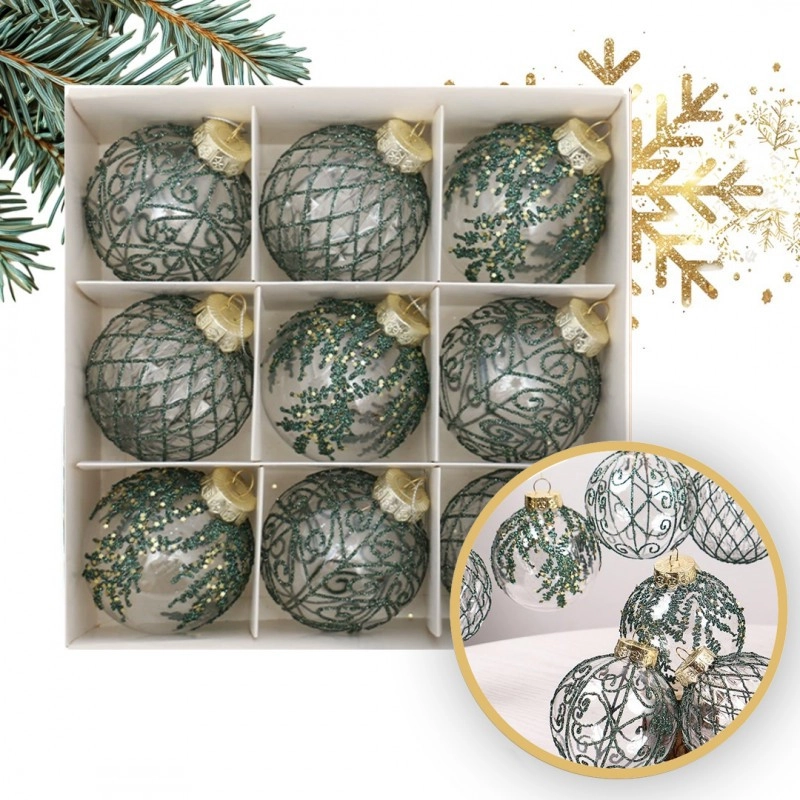 Číre vianočné gule so zeleným ozdobením 9 ks, priemer 8 cm