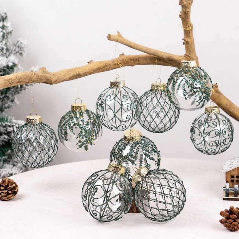 Číre vianočné gule so zeleným ozdobením 9 ks, priemer 8 cm